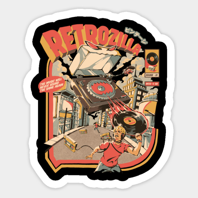 Retro Soundzilla Black - A Monstrous Vinyl Record Player Sticker by Ilustrata