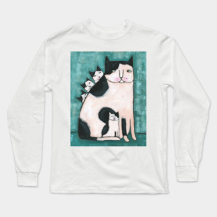 Black and White Mom Cat and Kittens Long Sleeve T-Shirt