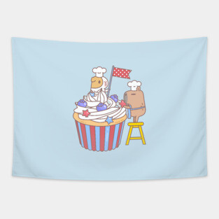 Bubu and Moonch, Guinea pig and Capybara Making Cupcake Tapestry