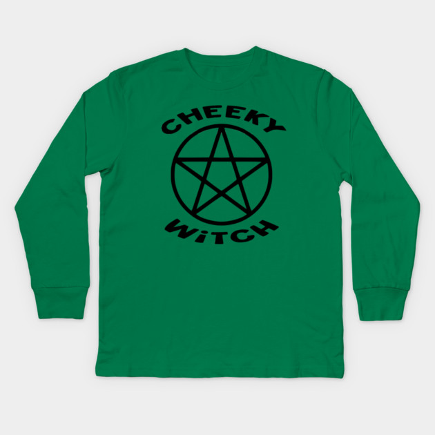 Cheeky Witch® Pentacle with Flying Witch Back Print Kids Long Sleeve T-Shirt by Cheeky Witch