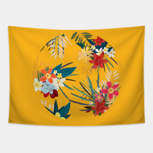Frangipani, lily palm leaves tropical vibrant summer flower Tapestry