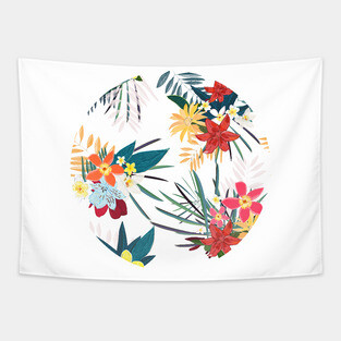 Frangipani, lily palm leaves tropical vibrant colored trendy flower Tapestry