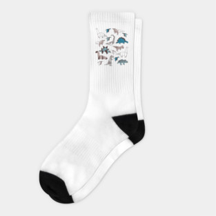 Origami dino friends // print // blue white and beige dinosaurs Socks