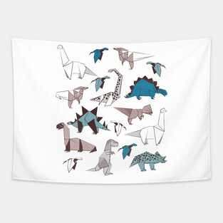 Origami dino friends // print // blue white and beige dinosaurs Tapestry