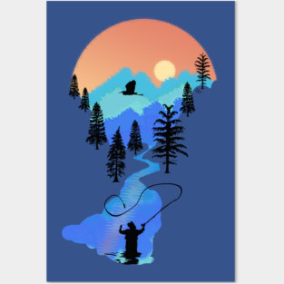 Fly Fishing Mountain Sunset by TeeCreations Posters and Art