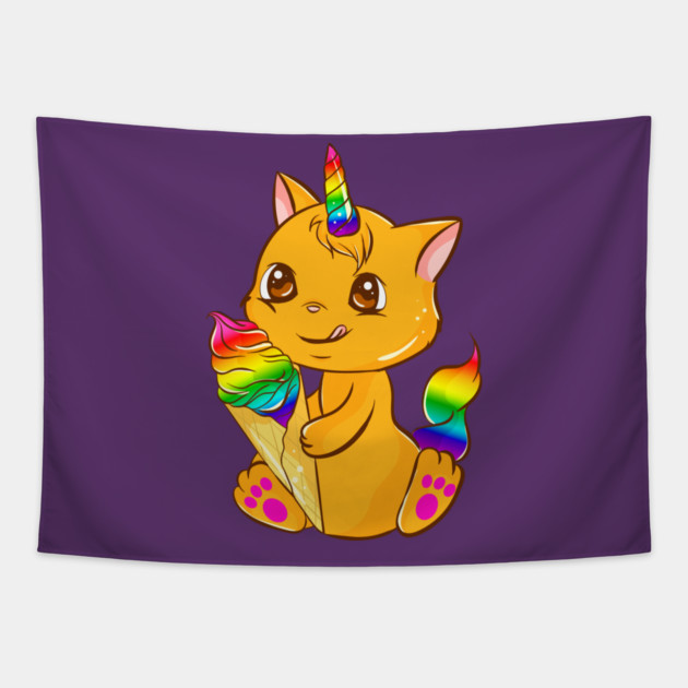 Rainbow Pride Caticorn Kawaii Anime with Ice cream Tapestry by creative