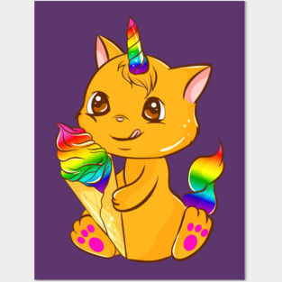 Rainbow Pride Caticorn Kawaii Anime with Ice cream Posters and Art