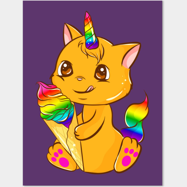 Rainbow Pride Caticorn Kawaii Anime with Ice cream Wall Art by creative