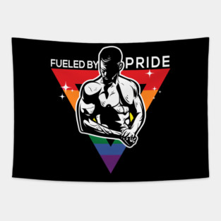 Fueled by Pride Gay Pride Guy in Rainbow Triangle Gift Tapestry