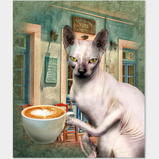 Sphynx Hairless Cat With Coffee Posters and Art