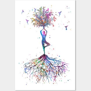 Yoga tree with hummingbirds Posters and Art
