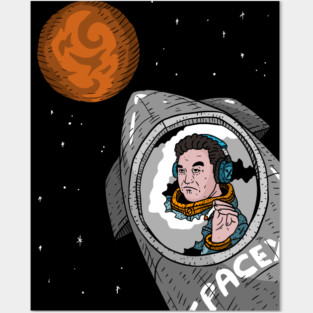 Elon Musk Rides SpaceX Starship To Mars Fan Artwork Black Background Posters and Art