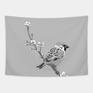 Sparrow on cherry Tapestry