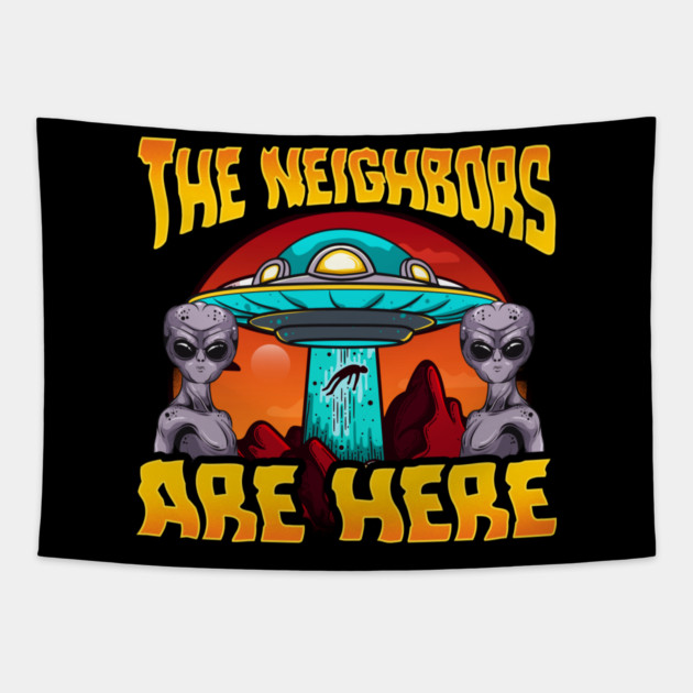 Aliens are here UFO abduction design Tapestry by creative