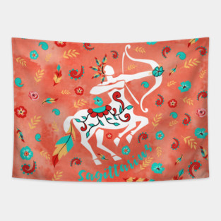 Boho Zodiac Sign- Sagittarius Astrology Watercolor Illustration Tapestry