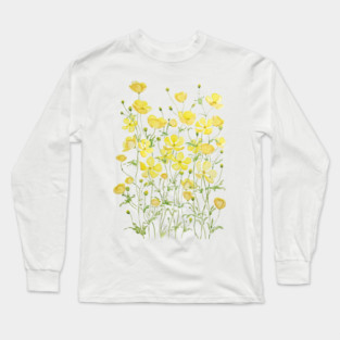 yellow buttercup flower field watercolor Long Sleeve T-Shirt