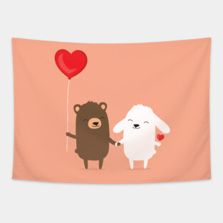Cute cartoon bear and bunny rabbit holding hands Tapestry