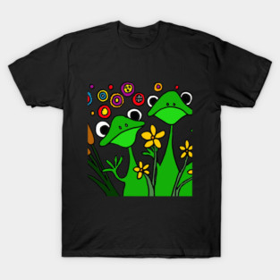 Funny Happy Folk Art Frogs and Cattails T-Shirt