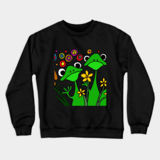 Funny Happy Folk Art Frogs and Cattails Crewneck Sweatshirt