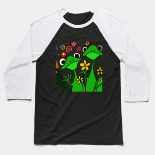 Funny Happy Folk Art Frogs and Cattails Baseball T-Shirt