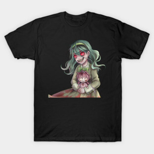 Girl with haunted doll horror drawing art manga style T-Shirt