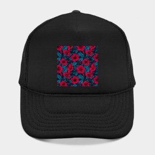 Red hibiscus flowers on dark blue Hat