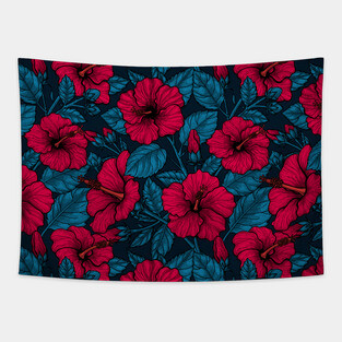 Red hibiscus flowers on dark blue Tapestry