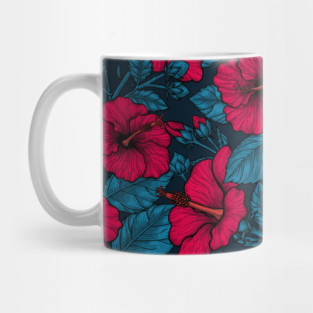Red hibiscus flowers on dark blue Mug
