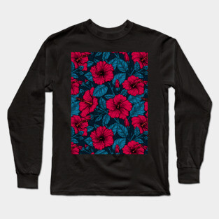 Red hibiscus flowers on dark blue Long Sleeve T-Shirt