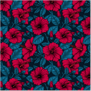 Red hibiscus flowers on dark blue Posters and Art