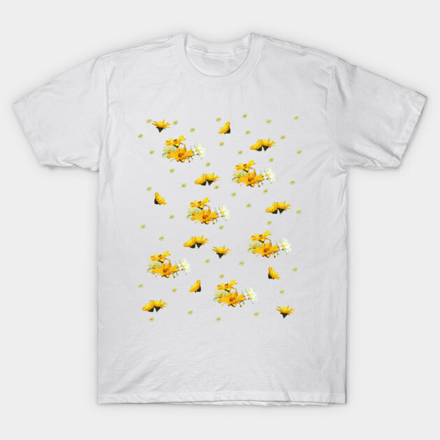 Golden Yellow and White Asters Digital Oil Paint Pattern T-Shirt by ButterflyInTheAttic