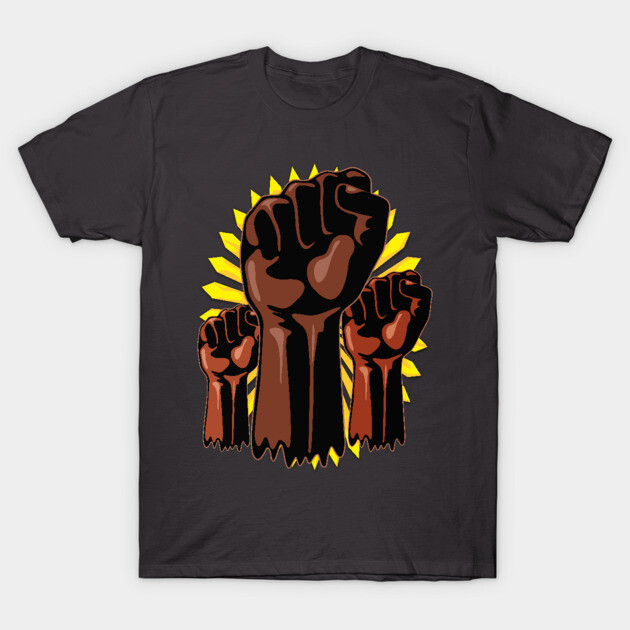 Black Power Raised Fists Symbols Slogan on Abstract yellow sun T-Shirt by BluedarkArt