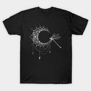 Intricate Half Crescent Moon with Dragonfly Tattoo Design T-Shirt