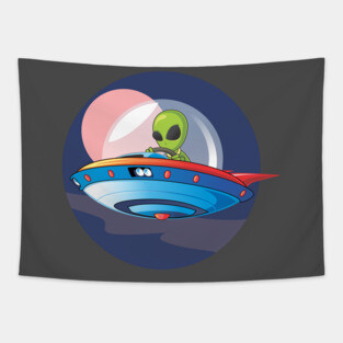 GREEN ALIEN IN UFO SPACE Tapestry