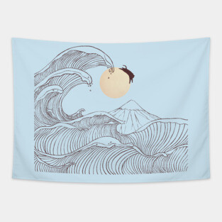 The great wave of black cat moonlight Tapestry