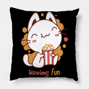 Cute Kawaii Cat Having Fun & Eats Popcorn Pillow