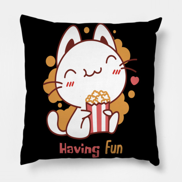 Cute Kawaii Cat Having Fun & Eats Popcorn Pillow by DrollDrifter