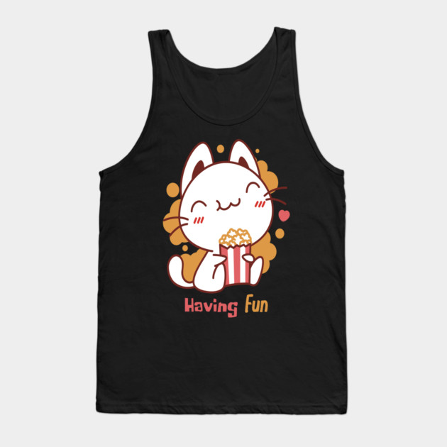 Cute Kawaii Cat Having Fun & Eats Popcorn Tank Top by DrollDrifter