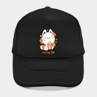 Cute Kawaii Cat Having Fun & Eats Popcorn Hat