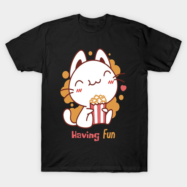 Cute Kawaii Cat Having Fun &amp; Eats Popcorn T-Shirt by DrollDrifter