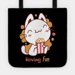 Cute Kawaii Cat Having Fun & Eats Popcorn Tote