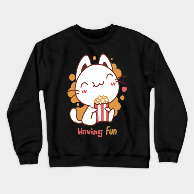 Cute Kawaii Cat Having Fun & Eats Popcorn Crewneck Sweatshirt by DrollDrifters