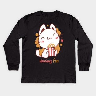 Cute Kawaii Cat Having Fun & Eats Popcorn Kids Long Sleeve T-Shirt