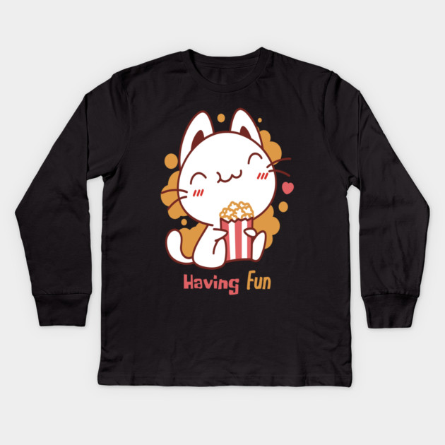 Cute Kawaii Cat Having Fun & Eats Popcorn Kids Long Sleeve T-Shirt by DrollDrifter