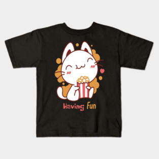 Cute Kawaii Cat Having Fun & Eats Popcorn Kids T-Shirt