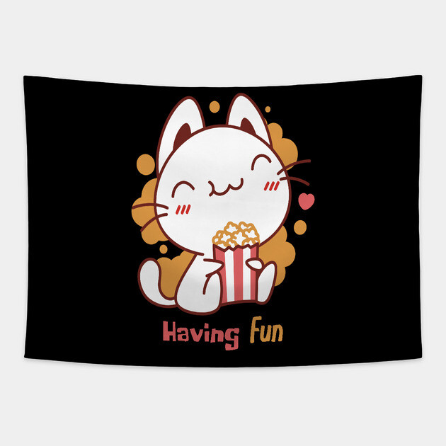 Cute Kawaii Cat Having Fun & Eats Popcorn Tapestry by DrollDrifter