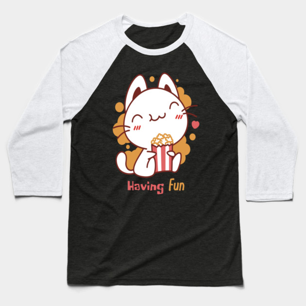 Cute Kawaii Cat Having Fun & Eats Popcorn Baseball T-Shirt by DrollDrifters