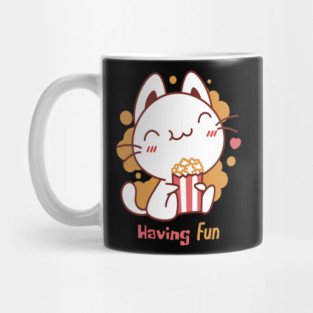 Cute Kawaii Cat Having Fun & Eats Popcorn Mug