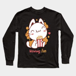 Cute Kawaii Cat Having Fun & Eats Popcorn Long Sleeve T-Shirt