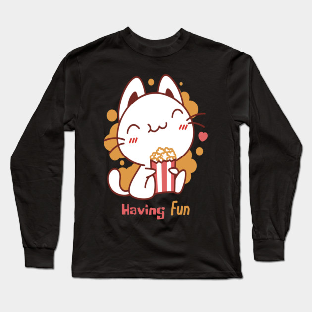 Cute Kawaii Cat Having Fun & Eats Popcorn Long Sleeve T-Shirt by DrollDrifter